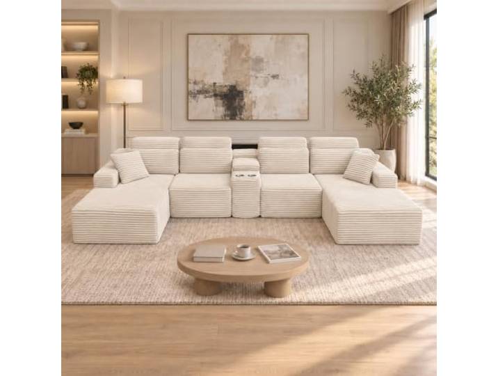 Großes U-förmiges modulares Sektionalsofa Wohnzimmer ohne Knochen, 373,4 cm Übergroße 6-Sitzer-Tiefe Cord-Couch mit Getränkehaltern, modernes Lounge-Sofa aus komprimiertem Memory-Schaum