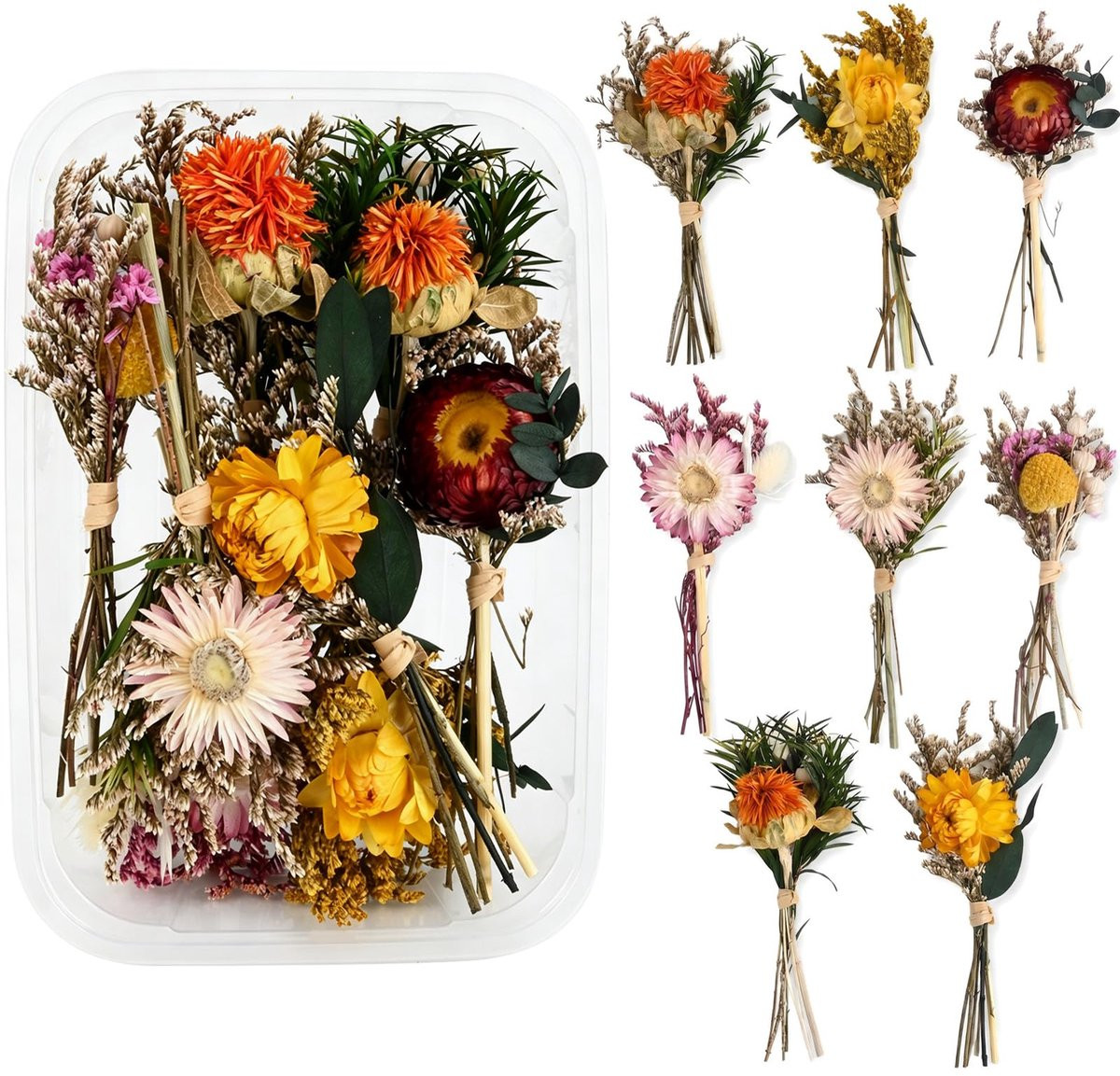 Set van 8 mini-boeketten van natuurlijke gedroogde bloemen, 12 cm