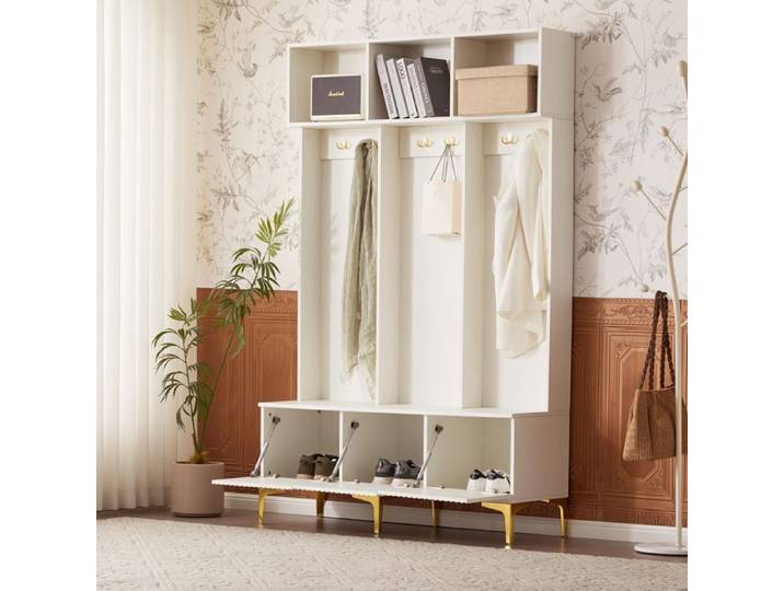 Vestiaire d'entrée 120x23 5x191 5 cm avec banc coffre étagères à chaussures et 6 crochets blanc