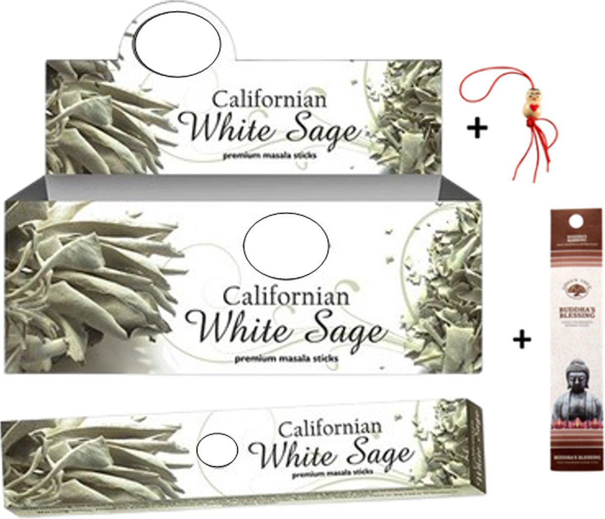 Doos met 12 pakjes Californian White Sage Witte Salie Wierookstokjes à 15 gram inclusief 5 mini wierookstokjes en gelukspoppetje