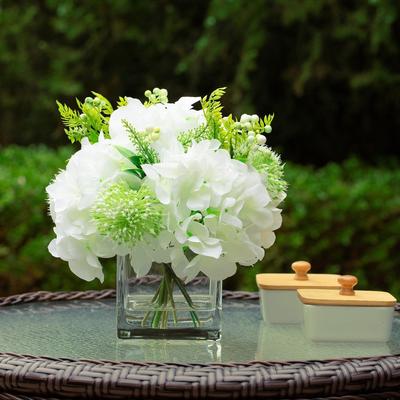 Enova Home Mixed Silk Hydrangea Flower in Clear Glass Vase With Faux Water for Home Wedding Office Decoration