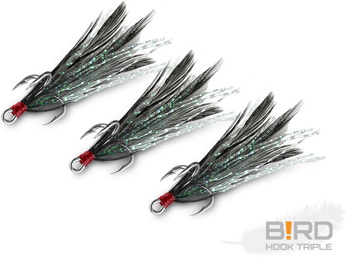 Delphin B!RD Hook TRIPLE / 3pcs plumes noires #6 Silver, Gray plumes noires #6