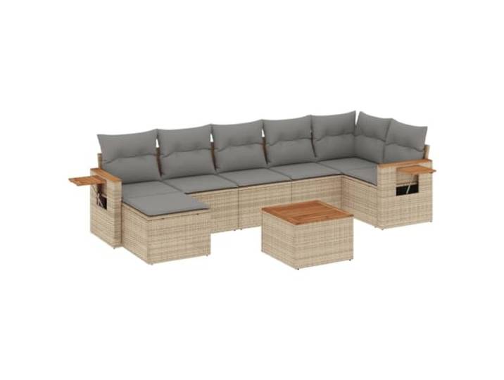 PUGYNBK 8er Set Sitzgruppe Rattan PE beige Beistelltisch Akazie Abnehmbare Kissen, modulares Design, klappbarer Beistelltisch für Terrasse oder Patio
