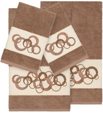 Authentic Hotel and Spa Turkish Cotton Circles Embroidered Latte Brown 4-piece Towel Set