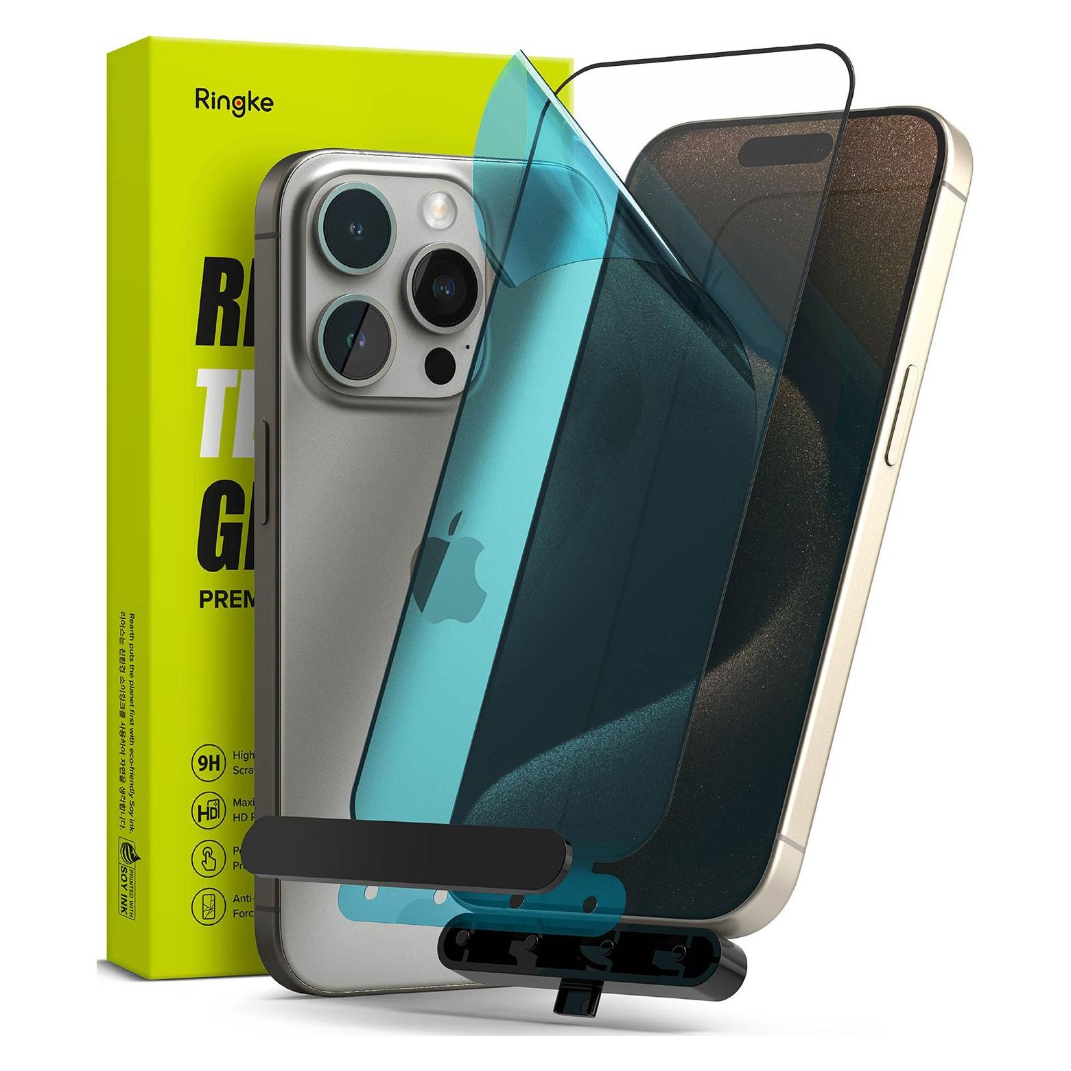 Ringke iPhone 15 Pro Max Screen Protector Premium Tempered Glass 9H with installation jig Transparent (Apple iPhone 15 Pro Max) (G4AS116)