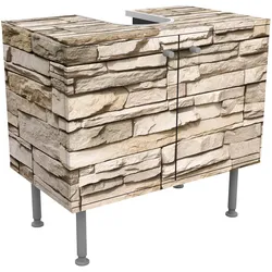WASCHBECKENUNTERSCHRANK Asian Stonewall - Steinmauer aus großen hellen Steinen 60/55/35 cm