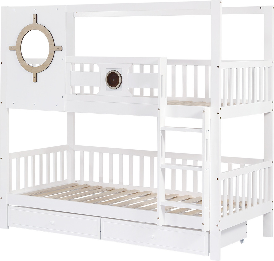 Etagenbett,Kinderbett mit Dach und Fenster,mit Fallschutzgitter,stabiles Geländer, Zwei Schubladen mit Rollen, Reichlich Stauraum, Kiefer+MDF