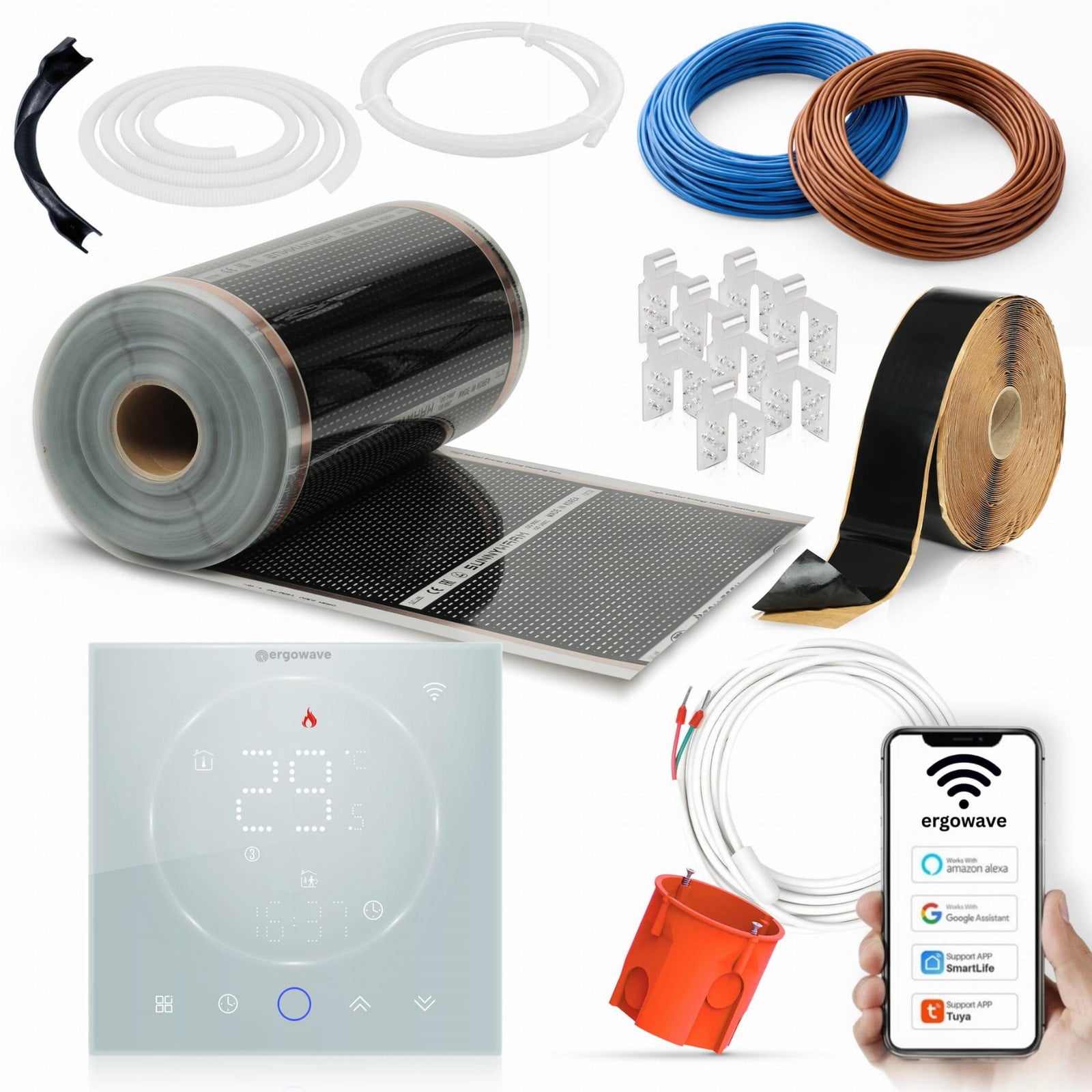 Ergowave Infrarood Verwarmingsfolie Set 80 W/m², PTC met WiFi-thermostaat 16A, Elektrische vloerverwarming voor laminaat en vinyl
