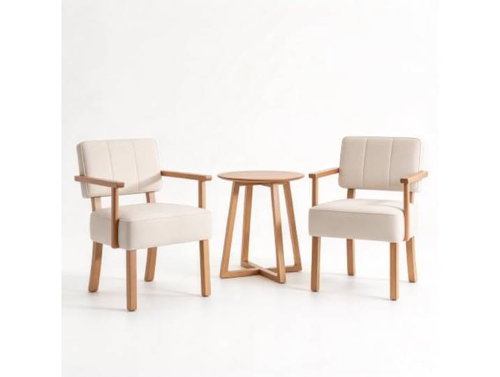 GarveeHome Mid-Century Sessel Leinen Vertikalgestreift Holzrahmen HE559-01 Gepolsterte Sitzfläche, hohe Rückenlehne, stabile Konstruktion, Balkon geeignet