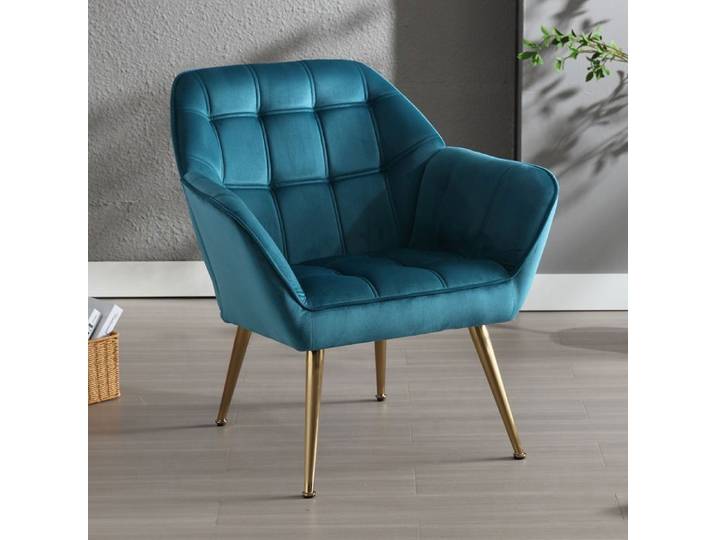 Wahson Fauteuil Salon Moderne 1 Place Fauteuil Velours avec Pied Doré Fauteul Design Salon Rembourré Scandinave Fauteuil Bleu