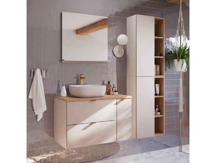 Ensemble meuble simple vasque 80cm 3 tiroirs et colonne Azel Cachemire et Bois
