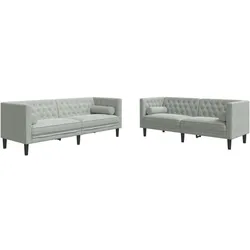 vidaXL 2-tlg. Chesterfield-Sofa-Set mit Nackenrollen Hellgrau Samt