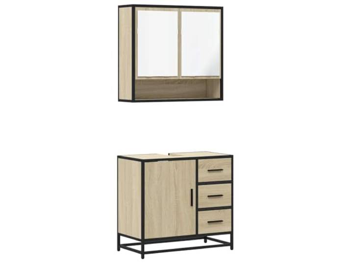 POUFGDR Badezimmermöbel-Set, 2-teilig, Sonoma-Eiche Feuchtigkeitsbeständiges Holzwerkstoff, industrieller Metallrahmen, Wandaufbewahrung, Abdeckung für Spüle
