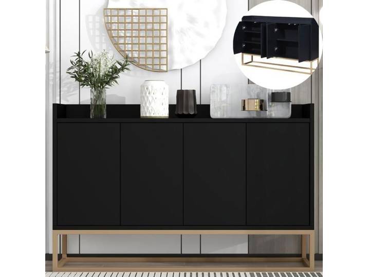 Buffet en bois noir Buffet Moderne Buffet bahut avec 3 étagère et 4 portes Pieds en métal doré Noir