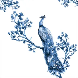 Ambiente 20 Servietten Papier 33x33cm 3-lag - hochwertige Einweg Papierservietten Pfau auf Ast Blüten Aquarell blau elegant Vintage Vogel Deko Tischdeko Feier