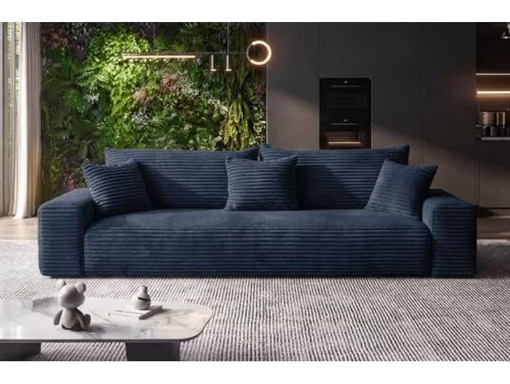 SOFILAND Cordo Schlafsofa 265×150 cm mit Bettkasten – Cord Sofa TILIA Breitcord, SoftTouch Komfort, 3-Sitzer Couch, abnehmbare Kissen, Easy Clean & Pet Friendly (Marineblau)