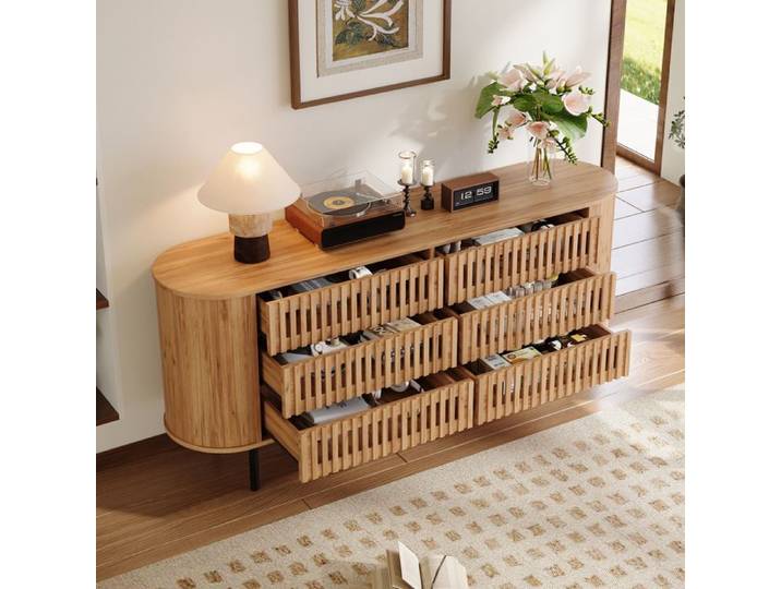 Buffet Enfilade 160 cm à 6 Tiroirs - Effet Bois Naturel - Commode Basse - avec Façades à Lattes et Pieds en Métal