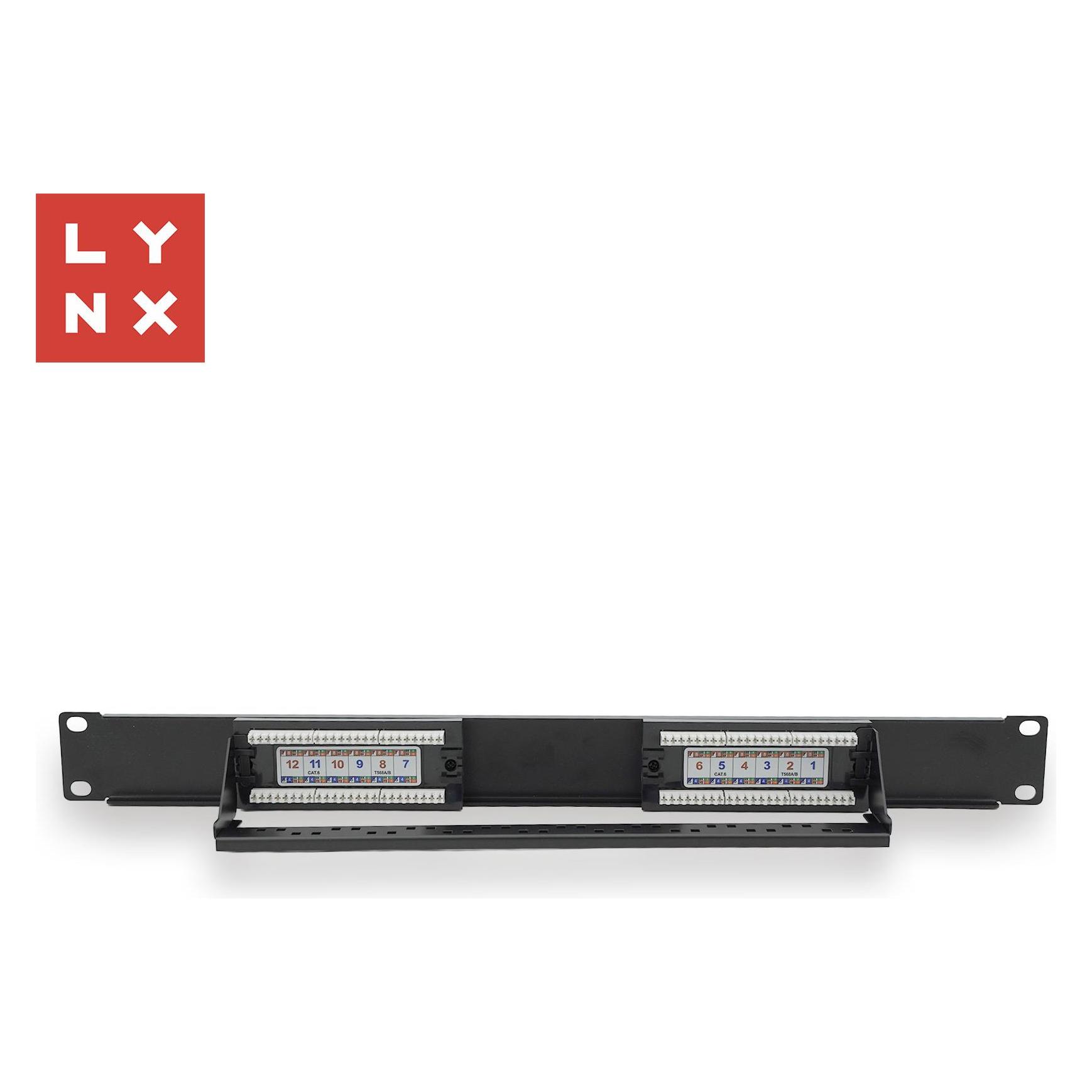 Lynx Cs LYNX 19" patch panel 12-port, UTP Cat6, 50µ, nestíněný, černý (LX-12-UTP6-BK)
