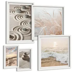 BILDER SET 5er Set - 50x50 cm & 20x30 cm & 40x60 cm Weißer Rahmen - Blumen im Wasser des Buddha-Wasserfalls