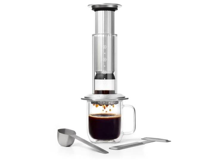 AeroPress Premium-Kaffeepresse aus Glas, Edelstahl und Aluminium, All-in-One-French-Press, manuelle Kaffeemaschine im Espresso- und Pour-Over-Stil, 2 Minuten Brühzeit, Silber