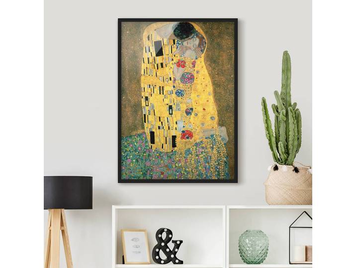 Tableau déco Gustav Klimt Le baiser V Papier Cadre : placage en bois véritable Pin Doré 70 x 100cm