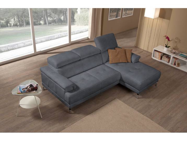 Ecksofa, Luxus-Microfaser Lederoptik, Blau (Ice Lake), 250×166 cm, Mit Recamiere & Kopfteilverstellung, Modern, EGOITALIANO