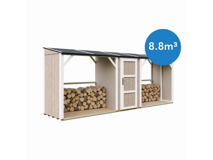 BRENNHOLZLAGER doppelt mit Geräteraum 6,49 m², zwei Brennholzbereiche mit insgesamt ~8,8 m³ Fassungsvermögen