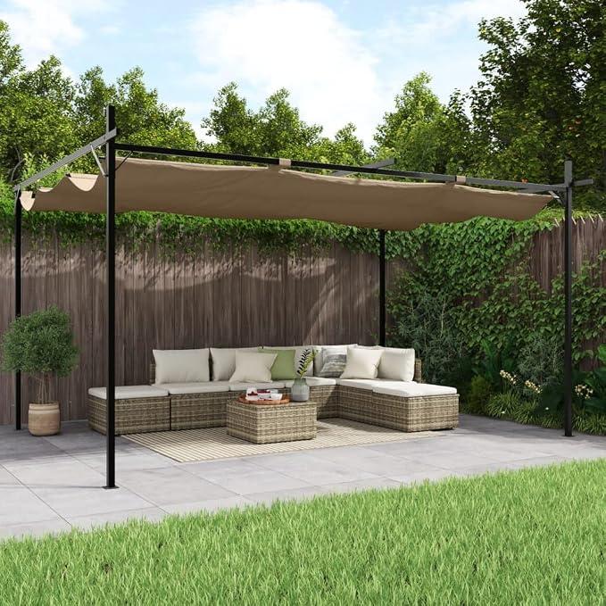 Pergola mit Schiebedach Taupe 395x292x230 cm, Pulverbeschichteter Stahl Aluminium Rahmen, UV-beständiges Polyester Dach, Stabiler Sonnenschutz