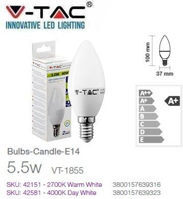 V-Tac Vt-1855 Lampada Led 5,5w E14 Candela Bianco Caldo 3000k - Sku 42151
