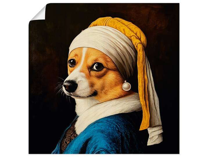 Wandbild ARTLAND Der Corgi mit dem Perlenohrring , blau (farbe bild(er): schwarz), B:30cm H:30cm, Papier, Bilder, Wandbild, als Alubild, Leinwandbild, Poster, Wandaufkleber in verschied. Grössen