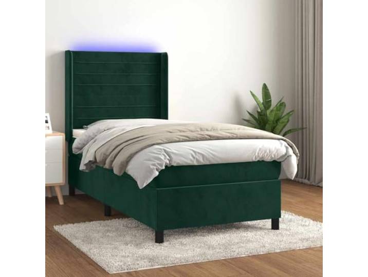 RJPLMFV Boxspringbett mit Matratze und LED, Dunkelgrün, 100 x 200 cm Kopfteil verstellbar, Taschenfedern, weicher Samt, inkl. Matratzenschoner