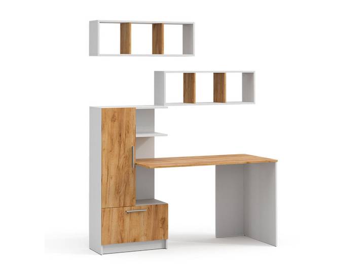 Vicco Schreibtisch-Set Tomy, Weiß/Goldkraft Eiche, 150 x 59 cm 3er Set da 2 Regale+Schreibtisch, Weiß, Eichefarben, Holzwerkstoff, Rechteckig, 150x120x59 cm, Büromöbel, Schreibtische