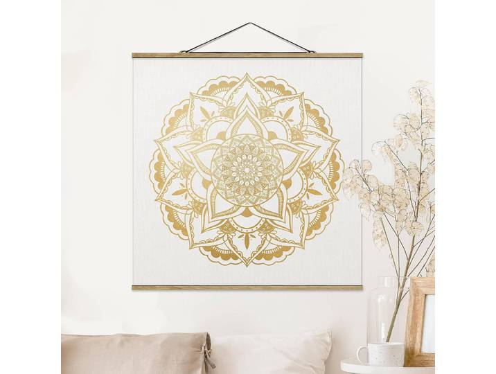 Tableau déco Mandala Fleur Tissu Doré 35 x 35cm