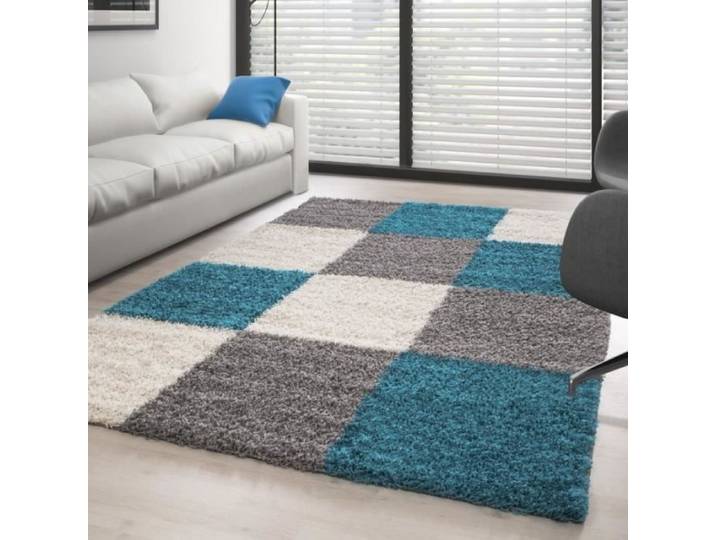 Tapis Shaggy - Ayyildiz - Design à Carreaux - Turquoise-Blanc-Gris - 160x230 cm - 30 mm Pile