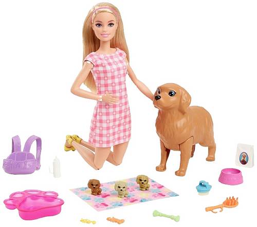 Mattel Barbie Puppe (blond) mit Hund und Welpen HCK75