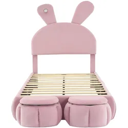 OKWISH Polsterbett Samt Rosa 237x104x135 cm, verstellbares Kopfteil, LED, 2 Aufbewahrungshocker