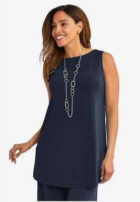 Plus Size Women's Stretch Knit Tunic Tank by The London Collection in Navy (Size 12) Wrinkle Resistant Stretch Knit Long Shirt