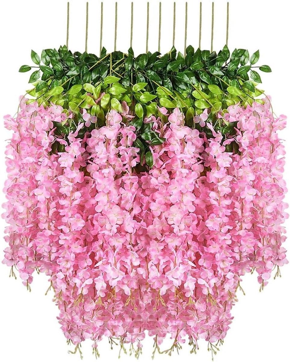 Kunst Wisteria Slagroom Decoratie - Donkerroze Zijden Bloemen - 110 cm