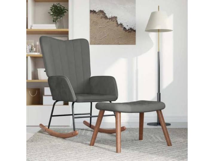 smnyxs Schaukelstuhl, Dunkelgrau, mit Fußstütze aus Samt Klares Liniendesign, bequemer Schaumstoff, stabile Holzschienen, Kapazität 110 kg, einfache Wartung