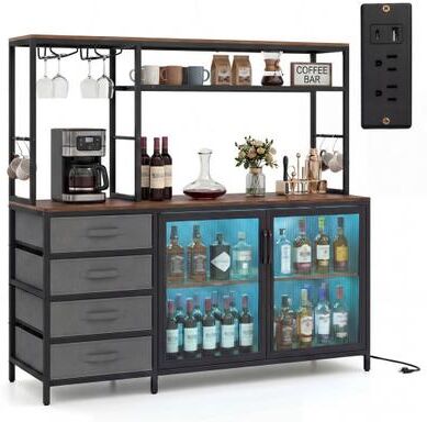 Costway Sideboard Buffet Cabinet with LED Lights 55 inch Coffee Table with Power Outlets-Rustic Brown
