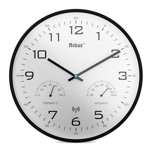 Mebus Moderne Draadloze Wandklok met Temperatuur en Luchtvochtigheid - Zwart - 30 cm