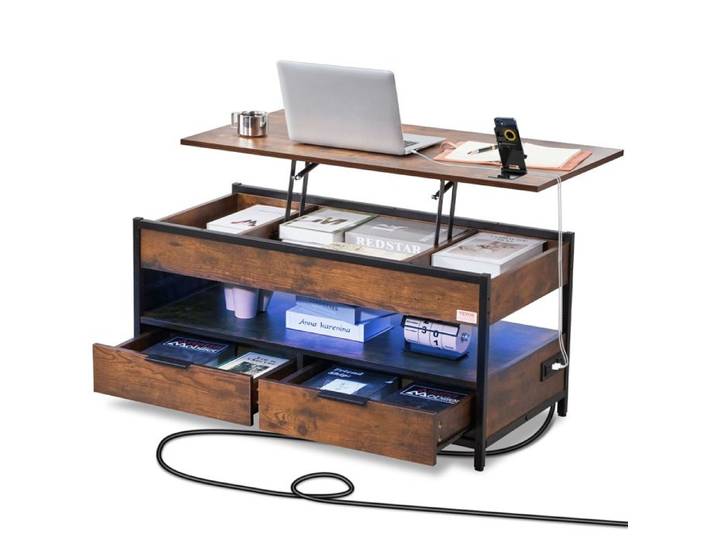 Table Basse avec Plateau Relevable-VEVOR-Table Basse Salon avec LED-2 Tiroirs 2 Prises de Courant 2 Prises USB-100x50x48cm-Marron