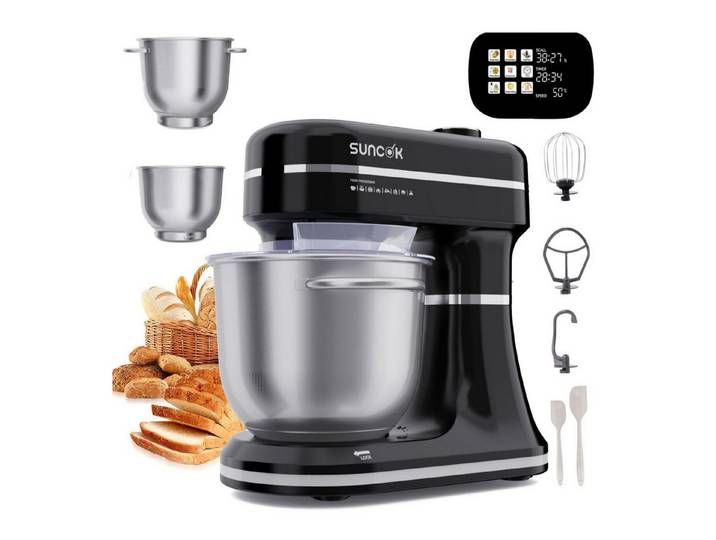 SUNCOK Küchenmaschine Multifunktionale Knetmaschine, 12-Geschwindigkeit, 59 Dezibel. geeignet zum Backen und Kneten von Teig, 1500 W, Elektrische Küchenmaschine,mit 2 Edelstahl-Rührschüsseln 4,5 und 5,5l