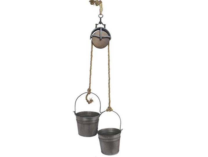 Holzwurm Metalleimer mit Umlenkrolle Deko Set Silber Grau MB27 Seil Dekoration Pflanztopf Pflanzen Blumentopf Kübel Seilwinde Wassereimer