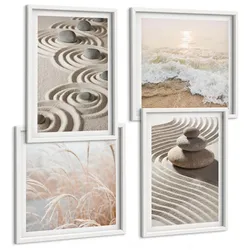 BILDER SET 4er Set - 50x50 cm & 40x60 cm Weißer Rahmen - Wellen, Sand, Wasser, Steine, Strand