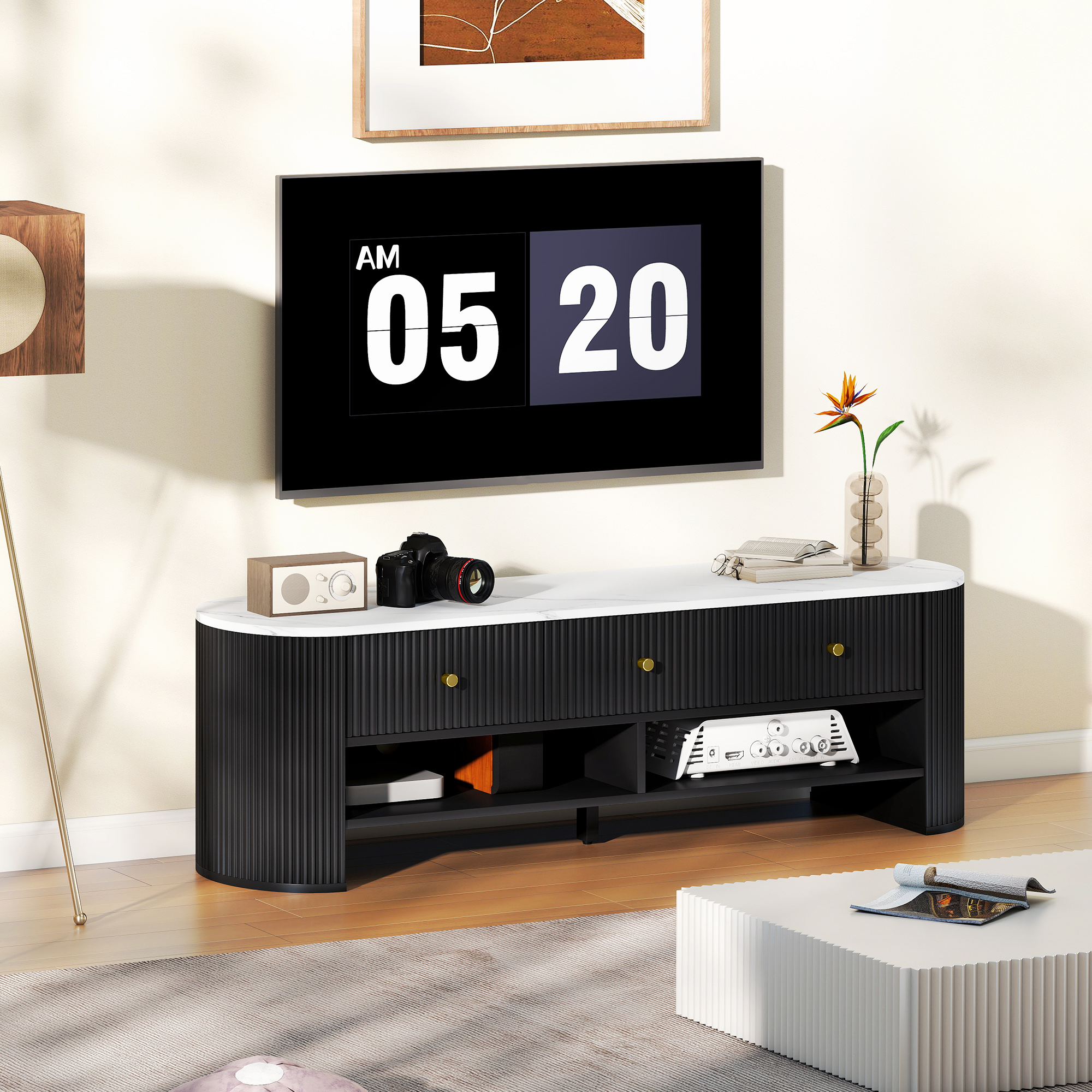 Homcom Mobile TV 140 cm, mobile TV per televisore 65 pollici effetto marmo con 3 cassetti frontali a canna di fucile 2 mensole nero   Aosom Italy