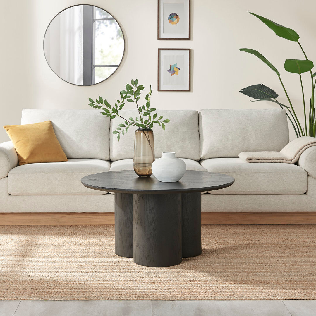 Ivy Bronx Delshawn Pebble Shaped Pillar Legged Round Veneer Wood Coffee Table - Luxury Scandi Style Black 45cm H X 90cm W X 90cm D