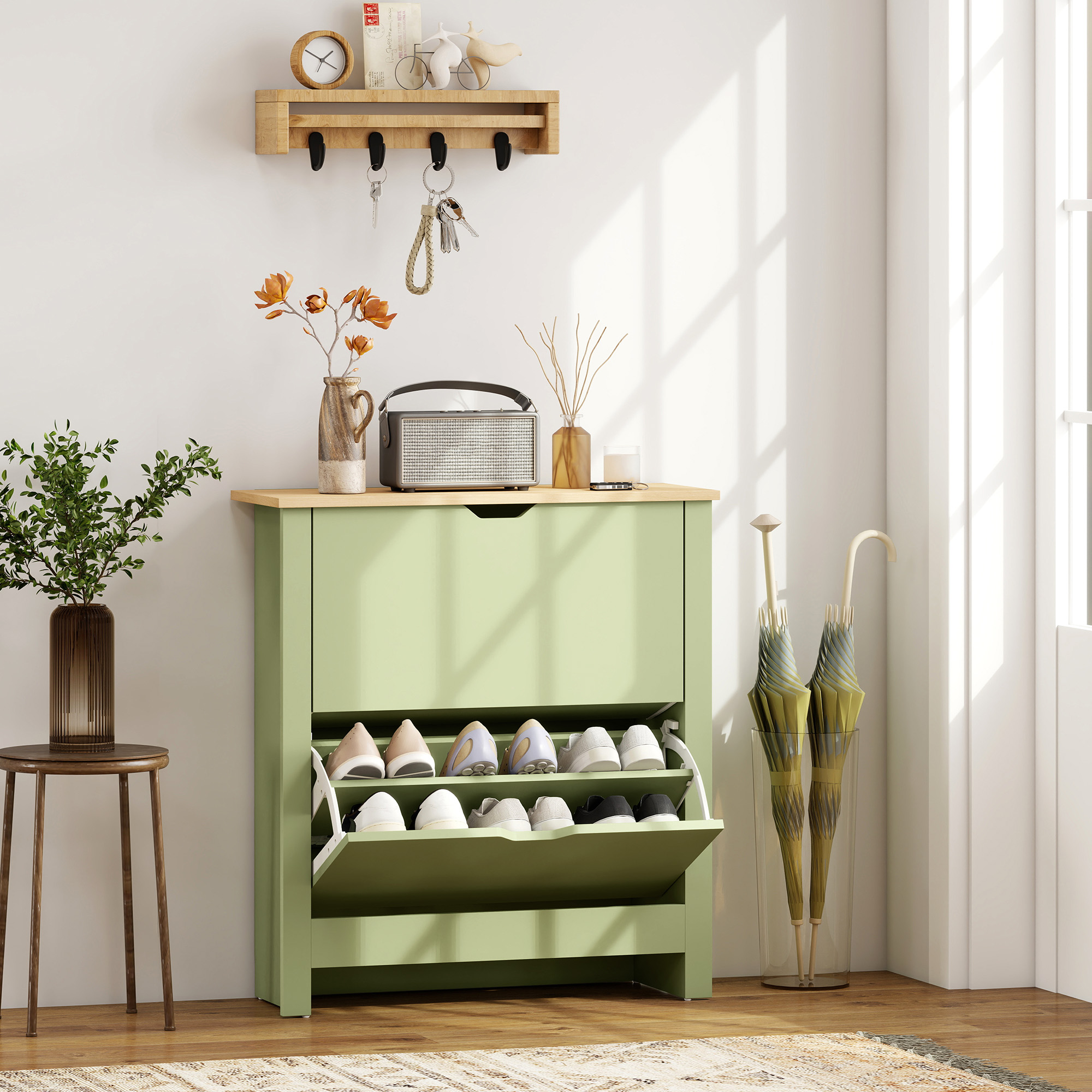 Homcom Scarpiera 12 paia, mobile porta scarpe stretto con 2 cassetti ribaltabili e ripiani regolabili, verde   Aosom Italy
