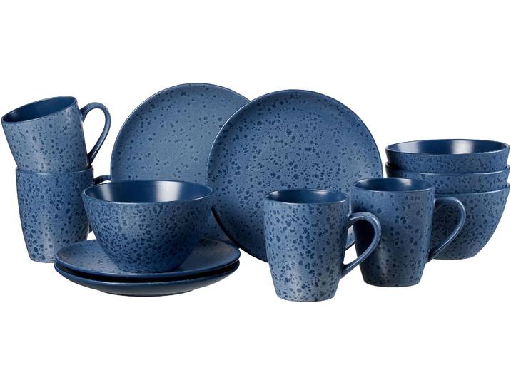 Frühstücks-Geschirrset RITZENHOFF & BREKER Service, Kitwe (Teller, Schale, Kaffeebecher) , blau, 12 Stk., Steinzeug, Geschirr-Sets, Frühstücks-Geschirrset, Reaktivglasur, jedes Stück ein Unikat, 12 Teile, für 4 Personen