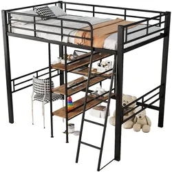 MODFU Hochbett 90x200 mit Schreibtisch, Regalen, Leiter, Stauraum, Metallrahmen, Arbeitsfläche, modern, Schwarz